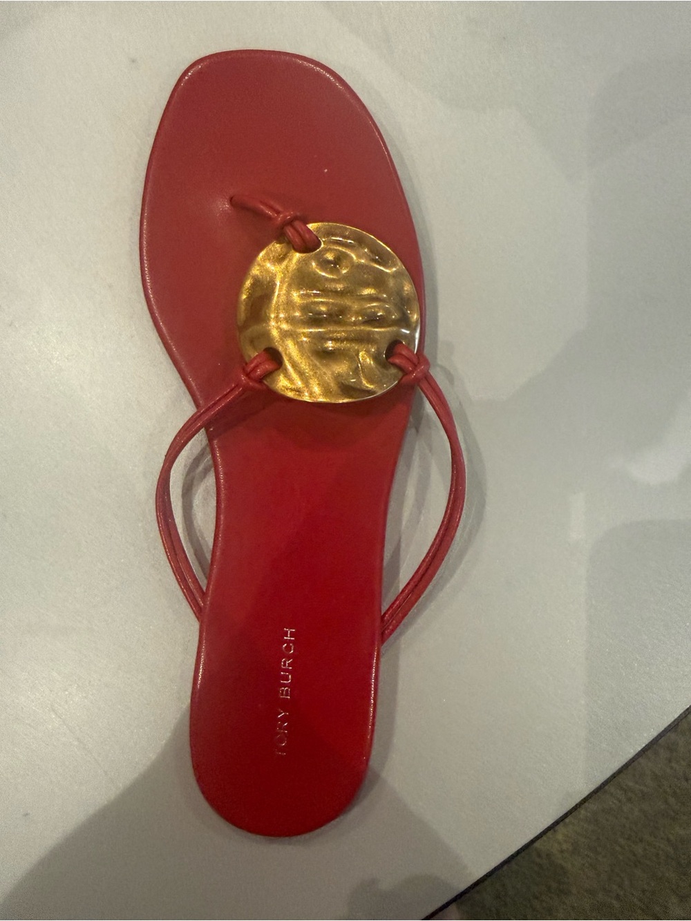 Tory Burch Red Leather Thong Sandal with Gold Disc